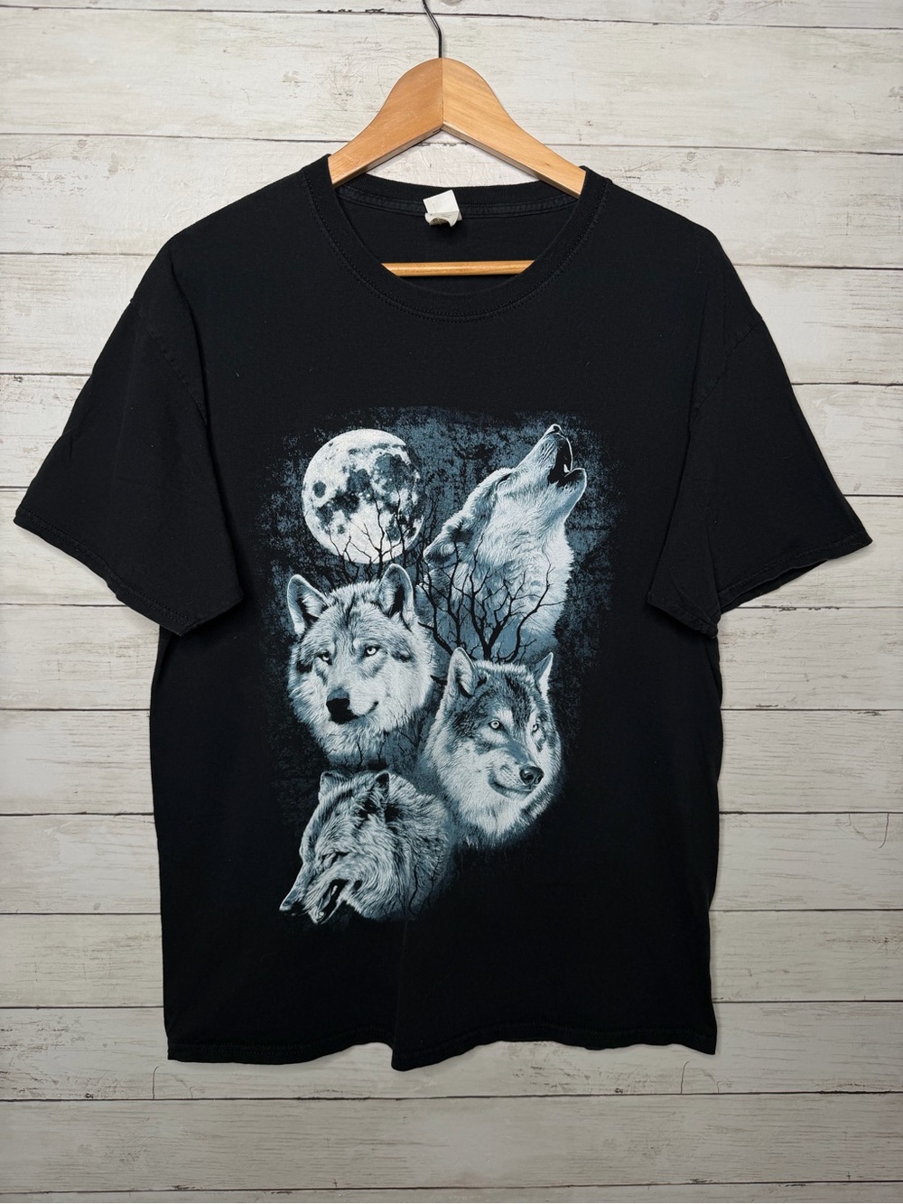 Vintage 90s Y2K Wolf Moon Graphic T-Shirt Black Large Nature Wildlife Tee